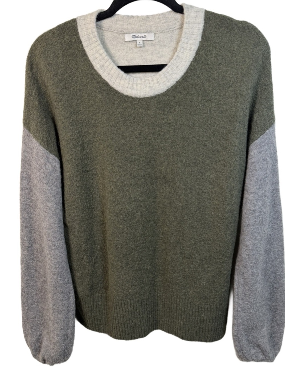 Madewell Olive Green and Light Gray Colorblock Crew Sweater